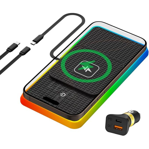 Wireless Charger Car Charging Pad RGB, polmxs 15W USB C Inductive Charging Car Mat Non-Slip Inductive Charging Station Car LED Charging Mat Compatible with iPhone 16 15 14 13 12 Airpods Samsung Galaxy