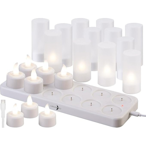 Lunartec Flacker LED Tea Lights: Set of 24 Battery LED Tea Lights with Plastic Decorative Glasses & Charging Station (Electric with Battery, Rechargeable Sets, Mood Light)