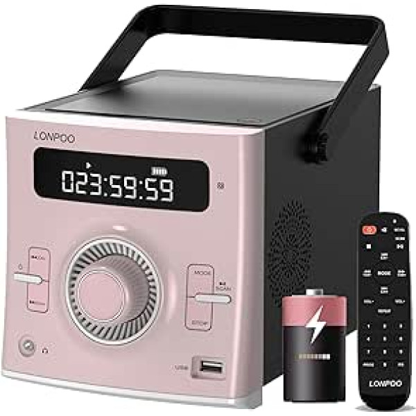 CD Player Portable Boombox 20 W for Outdoor Use Built-in Rechargeable Battery FM Radio / Bluetooth / USB / AUX Input 3.5 mm Mic & Headphone Jack Clear Stereo Sound (118PINK)