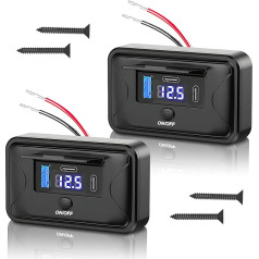 2 Pack USB Socket 12 V/24 V, Dual PD3.0 & QC3.0 Max 90 W Car Connection, Car Charger with LED Voltage Display and Button Switch, for Motorhome, Car, Marine, Motorcycle