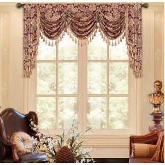 Loom and Mill Luxury Jacquard Waterfall Valance for Living Room, Classic Floral Damask Valance with Tassels, Burgundy Garland for Bedroom Christmas Decoration (200cm, 1 Panel)
