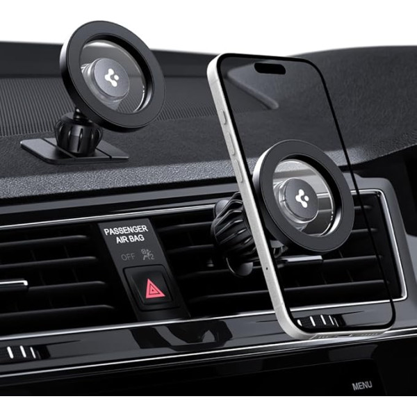 Spigen 2-in-1 MagSafe Car Mount for Ventilation & Dashboard 【Includes MagSafe Sticker】Mobile Phone Holder Car Compatible with iPhone 16/15/14/13/12 (Pro/Max/Plus), Galaxy S25/S24 (Ultra/Plus) - Black