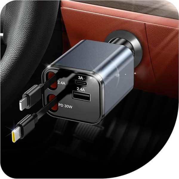 GUAGUA 4 in 1 Retractable Car Charger Adapter, 69 W Cigarette Lighter Car Charger USB C, Travel Essentials Car Accessories, Gifts for Women and Men, 12 V USB Socket for iPhone, Samsung, Android