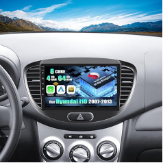 CAMECHO Android 15 Qualcomm Octa Core 4G + 64G Car Radio for Hyundai I10 2007-2013 with Carplay Android Car Navigation Dual WiFi 9 Inch QLED Screen with Navi Bluetooh5.1 Hi-Res FM/RDS+AHD Rear View