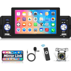 Podofo 1-Din Car Radio, Bluetooth Handsfree, 5 Inch 1080P HD Touch Screen, Single DIN Car Radio, Supports iPhone and Android, Mirror Link/Steering Wheel Control/FM Radio/EQ/USB + Rear View Camera