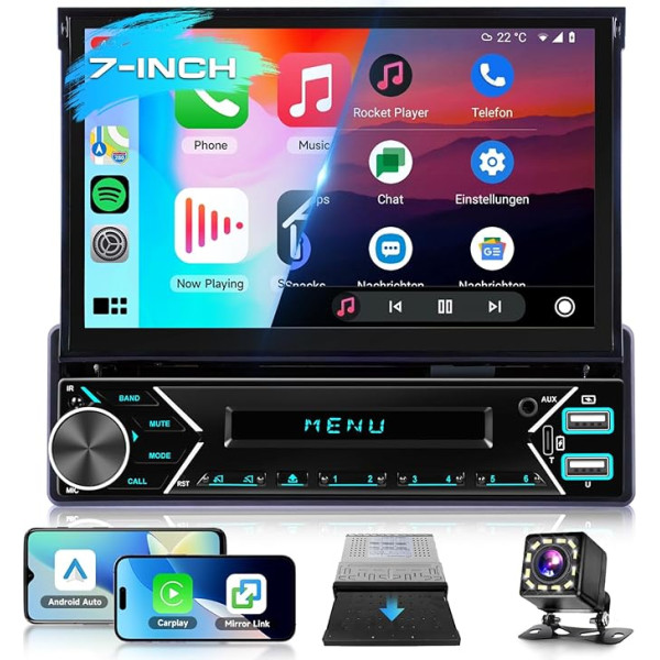 VECHTEL Car Radio 1 DIN Carplay Android Car Wireless with 7 Inch Motorized Retractable Screen, Radio with Bluetooth 5.1 GPS Navi, Mirror Link FM 2USB/AUX/Type-C with Reversing Camera, Steering Wheel