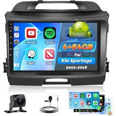 Roinvou 4+64G Car Radio Android for Kia Sportage 2010-2016 Wireless Carplay Android Car, Touch Screen Radio 9 Inch Screen WiFi GPS Bluetooth 32EQ FM/RDS SWC Reversing Camera
