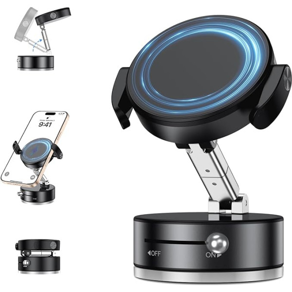 GaoBao Upgraded 2-in-1 Vacuum Magnetic Mobile Phone Holder, Car Magnet & Clip, Universal Car Phone Holder, 360° Rotatable Magnetic Car Mount with Vacuum Suction Cup for Car, Home, Black