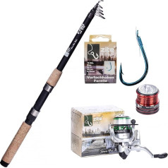 Zite Fishing Trout Fishing Set, Telescopic Rod 240 cm + Fishing Reel Spool with Spare Spool + Leader Hook, Pack of 10, Beginner Combo Fishing Equipment