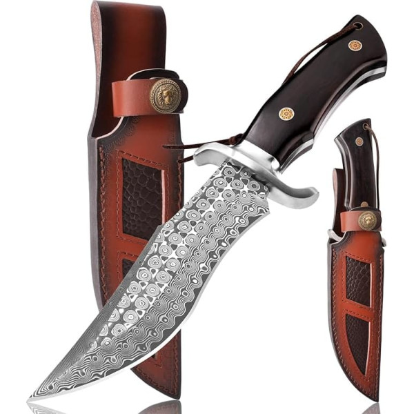 SPITZKANTE Hunting Knife P-S-DMSG, 16.3 cm VG10 Damascus Steel, 67 Layers, Full Tang Belt Knife with Leather Sheath and Wooden Handle, Outdoor Knife for Camping, Bushcraft