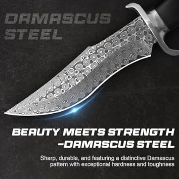 SPITZKANTE Hunting Knife P-S-DMSG, 16.3 cm VG10 Damascus Steel, 67 Layers, Full Tang Belt Knife with Leather Sheath and Wooden Handle, Outdoor Knife for Camping, Bushcraft