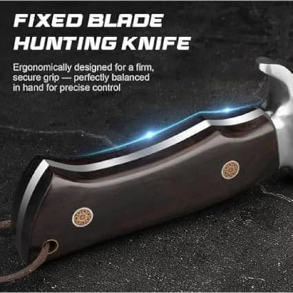 SPITZKANTE Hunting Knife P-S-DMSG, 16.3 cm VG10 Damascus Steel, 67 Layers, Full Tang Belt Knife with Leather Sheath and Wooden Handle, Outdoor Knife for Camping, Bushcraft