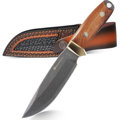 DRACHENADER Hunting Knife, Belt Knife with 13.5 cm Blade Made of 8Cr13MoV Steel, Outdoor Knife Fixed with Leather Sheath, Wooden Handle for Camping, Hiking