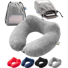 Inflatable Travel Neck Pillow, Extra Soft Pillow for Airplanes, Trains, Cars, Portable Travel Accessories with Carrying Bag for Cell Phone and Passport etc (Grey)