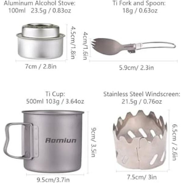 Aomiun 500 ml Ti Becher mit Gabel Löffel Alkohol Herd Windschutzscheibe für Rucksackreisen Wandern Camping mit Netztasche