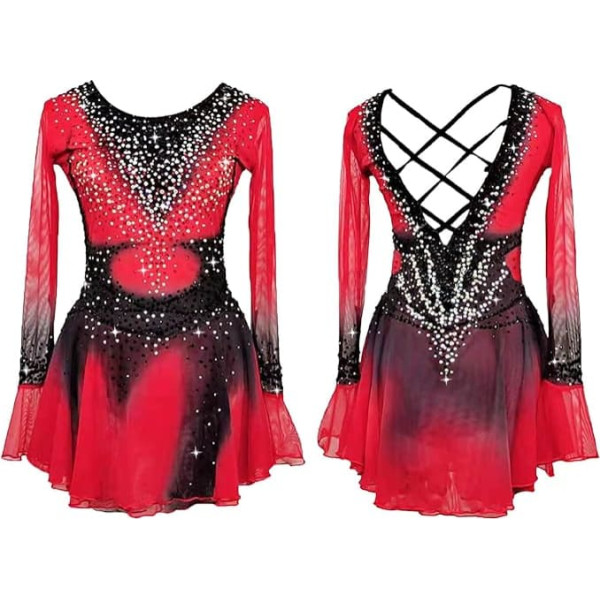 Rinkhockey Figure Skating Dress for Women and Girls, Ice Skirt, Performance Competition, with Shiny Diamonds, Long Sleeves