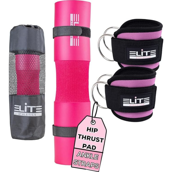 Elite Athletics Barbell Cushion for Women and 1 Pair Ankle Strap for Cable Machines with Secure Straps and Carry Bag, Pink Hip Thrust Foam Squat Bar - Thick Foam Cushion