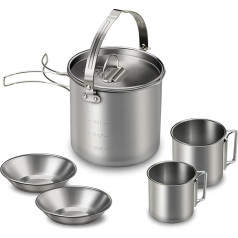 Yosoo Health Gear 5 teiliges Außenstahlkessel Im Freien, Klappende Hänge Topf, Camping Kochutensilien, Schalen, Töpfe, Tassen, Lieferungen 304 Lagerfeuer Töpfe Pfanne und Wasserkessel