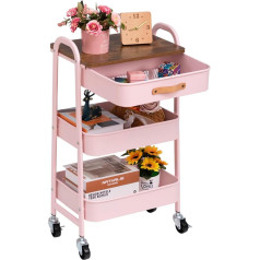 DOEWORKS Metal Rolling Cart with Drawer Serving Trolley with Wheels 3 Tier Kitchen Trolley Craft Trolley Kitchen Storage Trolley for Living Room Bedroom Bathroom Office Pink
