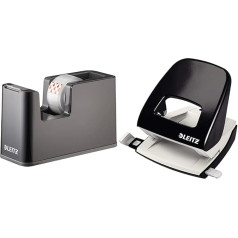 Leitz Adhesive Tape Table Dispenser, Fixed Stand & Office Hole Punch Made of Metal, for 30 Sheets, Stop Rail with Format Information, Number 1 on the Market, Ergonomic Design, Black, 50080095