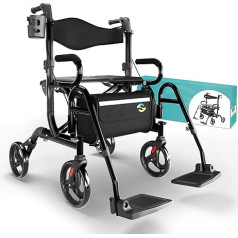 Helavo 2 in 1 Rollator & Wheelchair in One - Foldable Rollator with Footrests - Convertible to Transport Chair