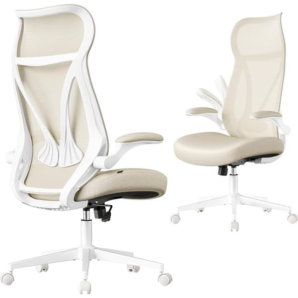 SONGMICS OBN088K01 Office Chair, Desk Chair, Ergonomic Backrest, Height Adjustable, Fold-Up Armrests, Swivel Chair with Headrest, Maximum Load 150 kg, Cappuccino Beige