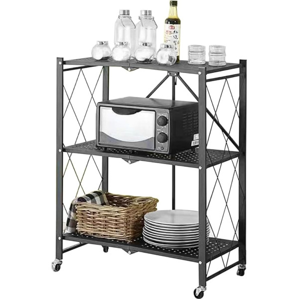 WMLBK Folding Serving Trolley, Kitchen Shelf on Wheels, Microwave Shelf, Kitchen Trolley, Bathroom Shelf with 3 Levels, All-purpose Trolley for Kitchen & Office, Metal Trolley (Black)