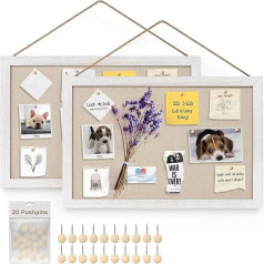 Miratino Cork Board with Linen 16 x 11 Inch Bulletin Board Wall Decor Hanging Pin Wooden Frame for Room School Office Bedroom 20 Push Pins Vintage White Pack of 2