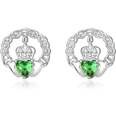 TANGPOET Claddagh Earrings for Women 925 Silver Irish Claddagh Stud Earrings Jewellery with Emerald Green Heart Stone Gifts for Birthday Mother's Day Christmas Valentine's Day Anniversary