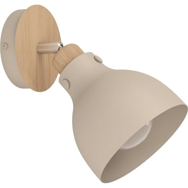 EGLO Arrecife Wall Light for Indoor Use with Swivelling Spotlight, Wooden Wall Spotlight in Natural and Metal in Sand Colours, Wall Lamp for Living Room and Hallway, E27 Socket