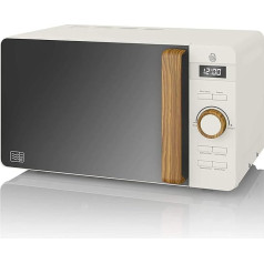 Swan Nordic Digital Microwave, 20 L, 6 Operating Levels, 800 W Power, 30 Minute Timer, Easy Cleaning, Defrost Mode, Modern Design, Wood Effect Handle, Matte White