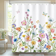 Bonhause Shower Curtain Colourful Watercolour Flowers Spring Wild Flower Plant Shower Curtains 180 x 180 cm Anti-Mould Waterproof Polyester Fabric Washable Bathroom Curtain for Bathroom with 12 Hooks