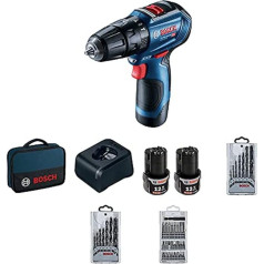 Bosch Professional GSB 12V-30 12V System Cordless Hammer Drill (Including 2 x 2.0 Ah Battery, Charger GAL 1240 CV, 7-Piece Wood Drill Set, 7-Piece Metal Drill Set, 25-Piece Bit Set, Tool Case)