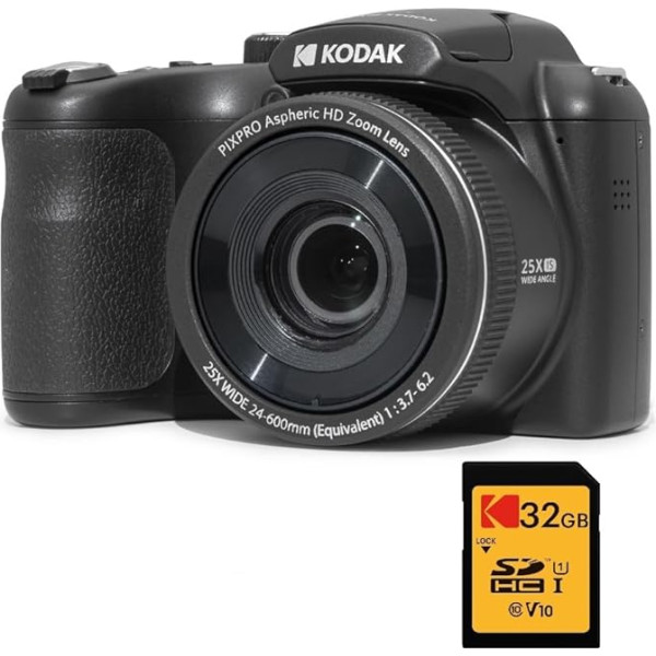 Kodak Pixpro Astro Zoom AZ255 + SD Memory Card 32GB - Digital Bridge Camera 16MP, 25x Zoom, Video HD 1080p, Wide Angle 24mm, LCD Display 3, AA Battery - Black
