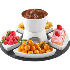 Chingcoo Ceramic Chocolate Fondue Set, Ceramic Chocolate Fondue with Wooden Palette, 4 Forks, 4 Plates, Cheese Fondue, Chocolate Melting Pot, Tea Light Fondue for Sweets, Cheese, Caramel
