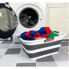 SAMMART Collapsible Plastic Laundry Basket, Washing Tub, Foldable Pop Up Storage Bin, Space Saver/Portable Laundry Basket, Ideal for Home, Travel (White/Steel Grey, 42L)