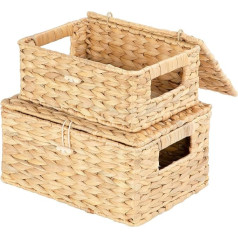 Ezvsevuo Storage Basket Set of 2 | Basket Storage Braided Made of Water Hyacinth | Storage Baskets with Lid | Wicker Basket | 28.5 x 20 x 14 cm & 23.5 x 17.5 x 11 cm
