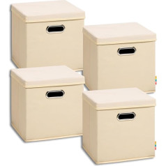 Storanda Set of 4 Storage Boxes with Lid, 28 x 28 x 28 cm, Wide Handles on Both Sides, Stable and Foldable, Shelf Box for Cube Shelf, Natural