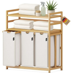 XMHome Laundry Hamper 3 Compartments 148 Litres Bamboo with 2 Levels Large Laundry Basket with Removable Laundry Bag Rectangular Laundry Box for Bathroom Bedroom and Laundry Room 77.5 x 41.3 x 100.5