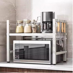 Microwave Shelf, Expandable Microwave Shelf, 3 Levels, Microwave Stand, Kitchen Shelf, Worktop Organiser with 6 Hooks, Extendable from 40-63 cm for Kitchen (2 Levels, White)