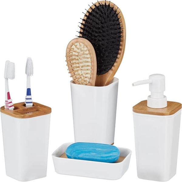 Relaxdays Bathroom Accessories Set, 4 Pieces, Modern, Toothbrush Cup, Soap Dish & Soap Dispenser, Plastic & Bamboo, White, 17.5 x 7 x 7 cm