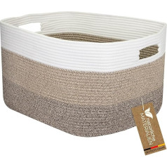 HMF XXL Cotton Laundry Basket, Square Storage Basket with Handles, 55 x 43 x 30 cm, White/Brown
