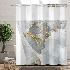 Ttincceer Hookless Shower Curtain with Snap in Fabric Liner Grey Gold Marble No Hooks Shower Curtains Waterproof Luxury Double Layer Bathroom Curtain with See Through Top Window 180 x 188 cm