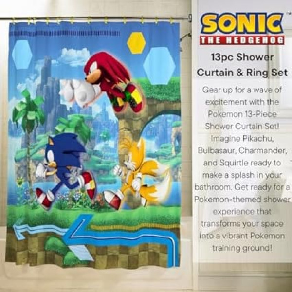 Franco Sonic Anime 13 Piece Shower Curtain and Ring Set (100% Officially Licensed)