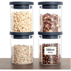 VINATO Set of 4 Storage Jars - Storage Jars with Lids Airtight Made of Borosilicate Glass for Kitchen, BPA-Free, Glass Jars with Lid Set, 380 ml for Nuts, Snacks and Spices