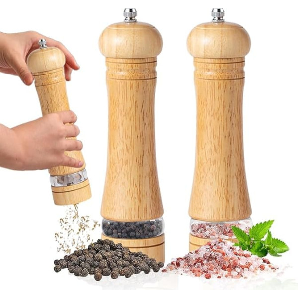 Salt and Pepper Mill Set 8 Inch Wood Salt and Pepper Mill Set Oak Wood Refillable with Adjustable Rotor 2 Pack