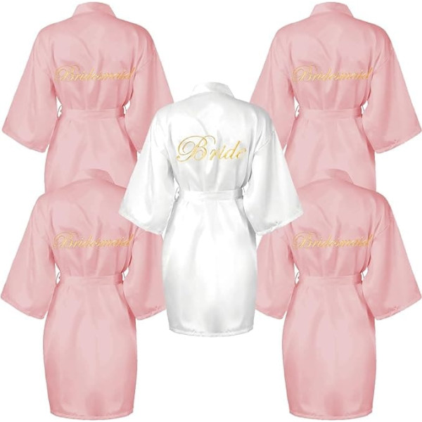 Malloom 5 Pieces Women's Satin Robe Pink Kimono Satin Robe Bride Bridesmaid Robe for Bride Wedding Party Luxury Gifts See Picture 84, See image