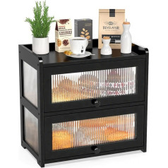 BAMBANG Extra Large Bamboo Bread Box for Kitchen Counter, Double Layer Bread Storage Container, Farmhouse Bread Box with 4 Sides Transparency, Bread Bin Holder for Homemade Bread, Black
