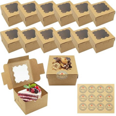 12 Small Cake Boxes Brown Paper Cupcake Boxes with Window and 12 Stickers Mini Cake Boxes Individual Bakery Dessert Brownie Boxes for Gift Small Cakes Candy (10x10x