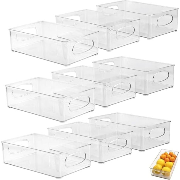 MOUYAT Pack of 9 Stackable Fridge Organisers, 3 Sizes, Clear Fridge Storage Boxes, Rubbish Bin, Fridge Organiser for Kitchen, Pantry, Cabinets
